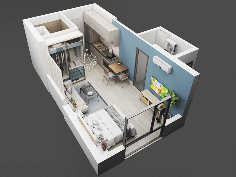 thiet-ke-3d-can-ho-nho thiết kế căn hộ nhỏ 1 ngủ