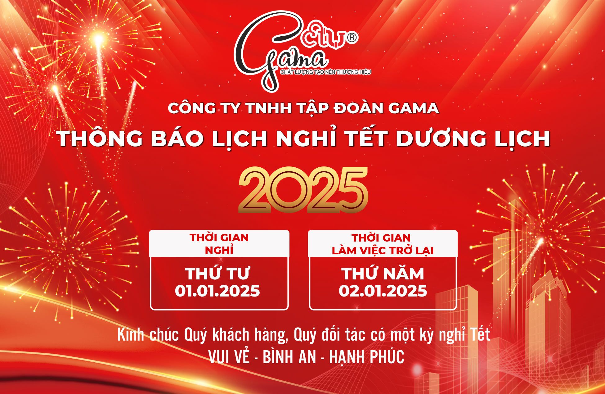 Sơn Gama thông báo nghỉ Tết Dương lịch 01/01/2025