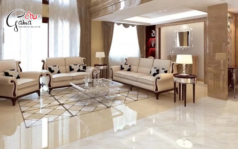 Vân đá trắng + nội thất gỗ nâu: Sự dung hòa hoàn hảo