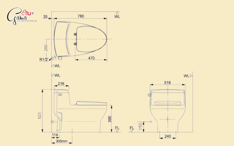 Kích thước đặt bồn cầu 1 khối tiêu chuẩn