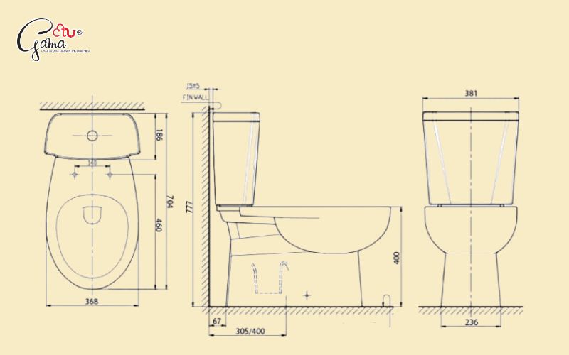 Kích thước đặt bàn cầu 2 khối tiêu chuẩn hiện nay