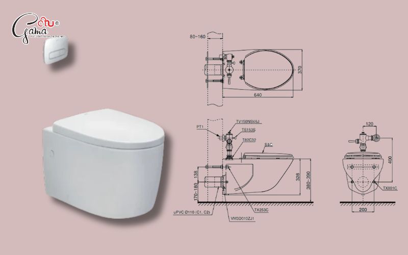 Kích thước theo tiêu chuẩn lắp đặt bồn cầu treo tường