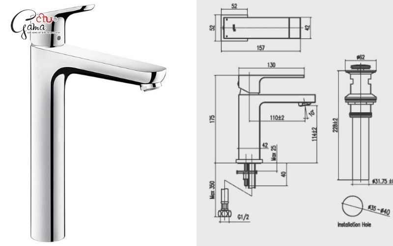 Kích thước vòi lavabo cho lavabo âm bàn