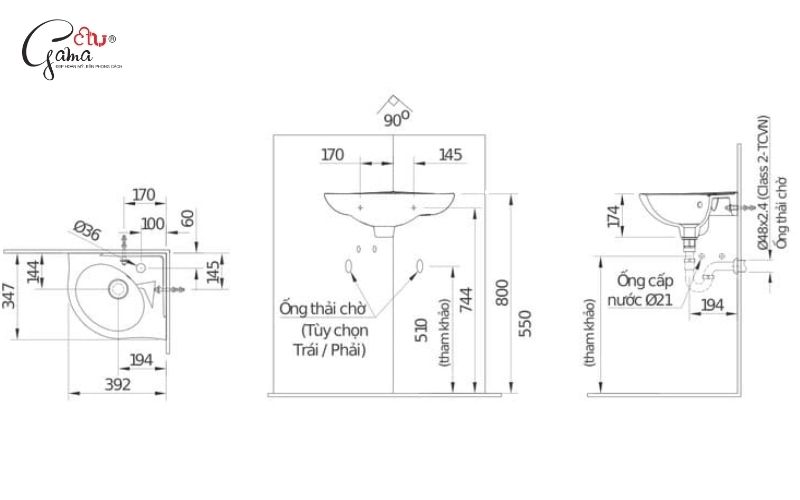 Kích thước lavabo góc