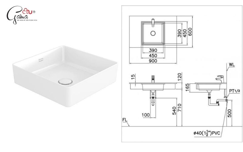 Kích thước bồn lavabo vuông