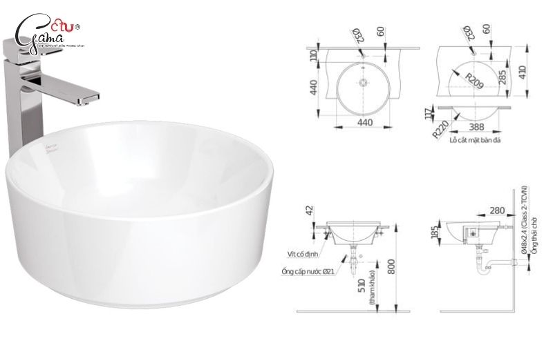 Kích thước chậu lavabo tròn