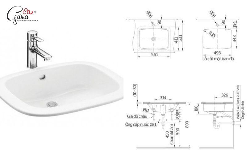 Kích thước bồn lavabo âm bàn
