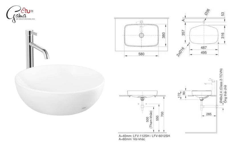 Kích thước bồn lavabo đặt bàn
