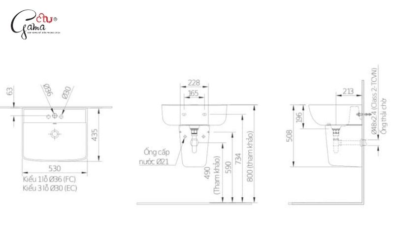 Kích thước chậu lavabo treo tường