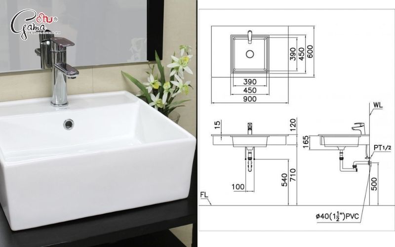Kích thước chậu rửa mặt vuông đặt bàn được sử dụng nhiều