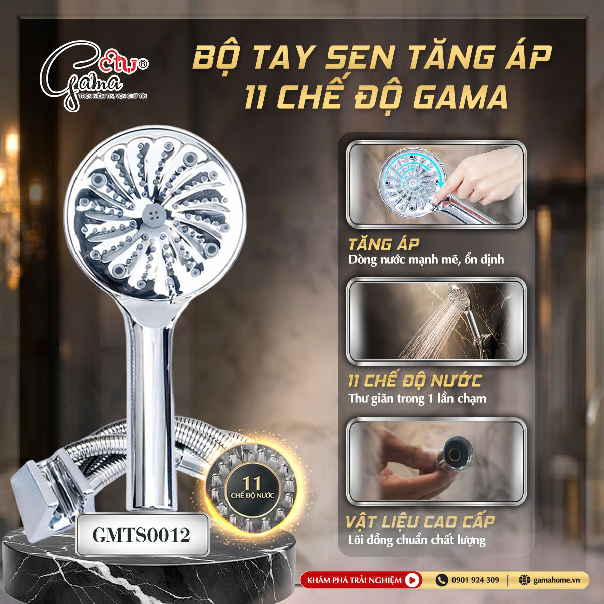 Bộ tay sen tăng áp 11 chế độ Gama: 001 – Inox 304 lõi đồng