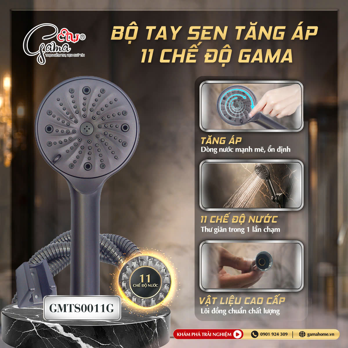 Bộ tay sen tăng áp 11 chế độ Gama: 001G – Inox 304 xám lõi đồng
