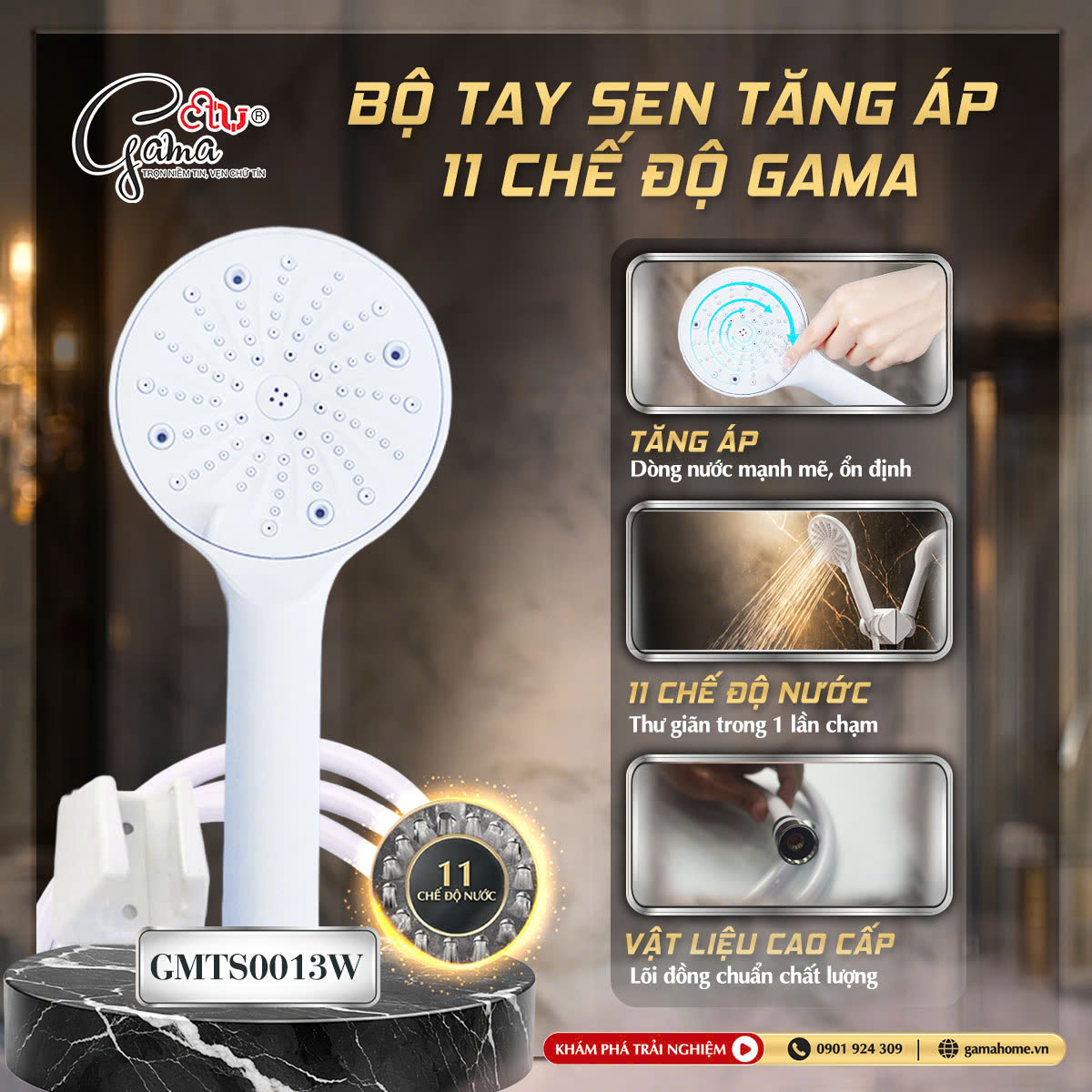 Bộ tay sen tăng áp 11 chế độ Gama: 001W – Dây nhựa ti đồng