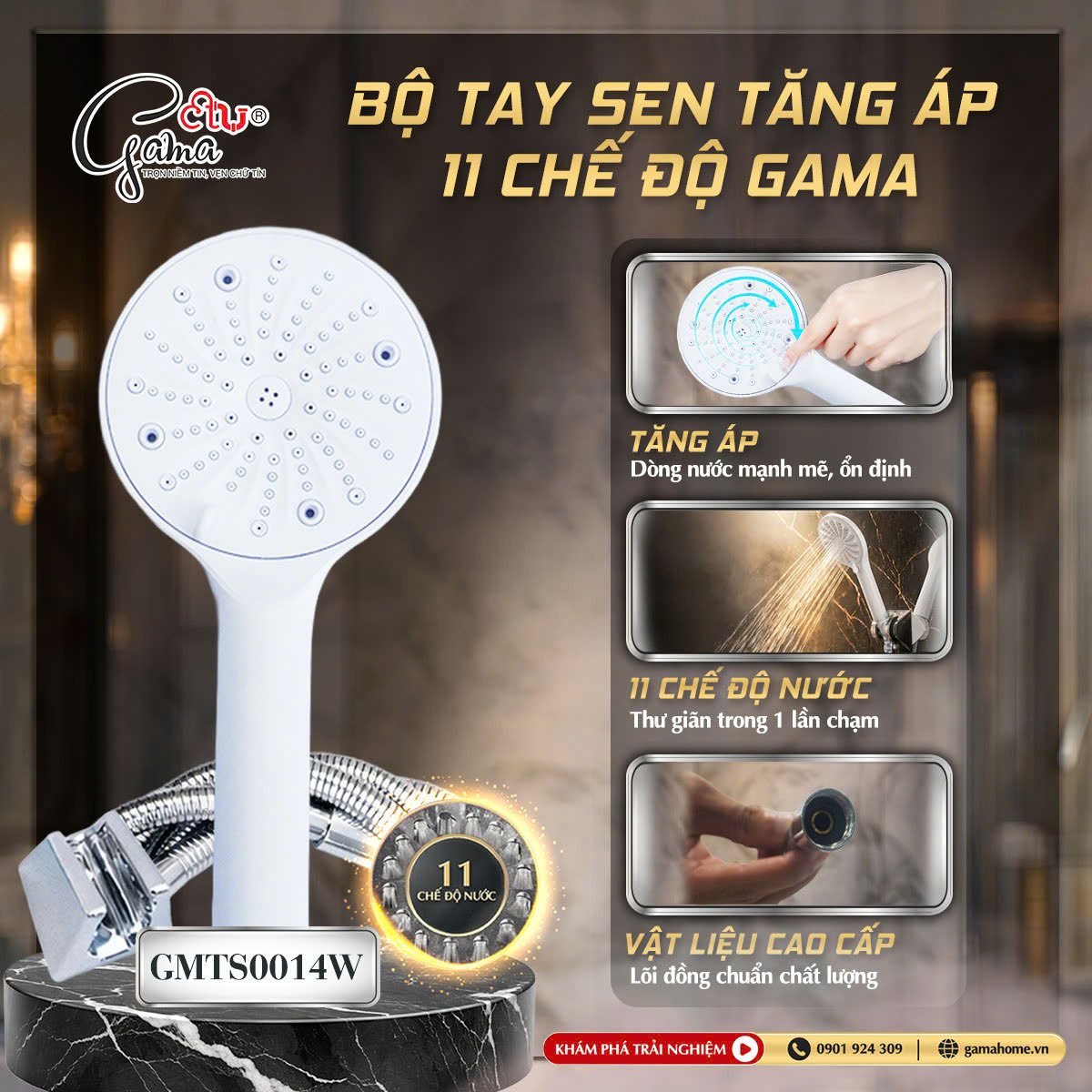 Bộ tay sen tăng áp 11 chế độ Gama: 001W – Inox 304 lõi đồng