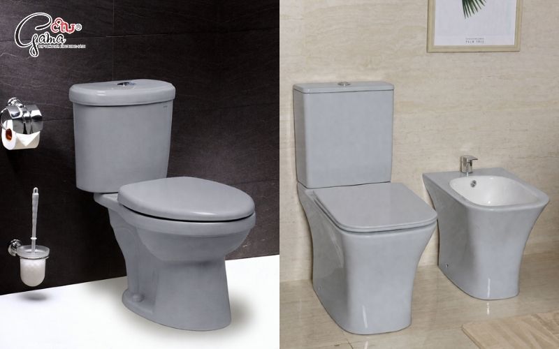 Bồn cầu màu xám 2 khối thiết kế phổ biến