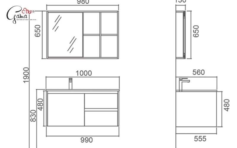 Kích thước tủ lavabo treo tường tiêu chuẩn hiện nay