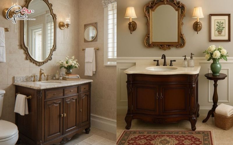 Tủ chậu lavabo tân cổ điển vân gỗ tạo cảm giác ấm áp