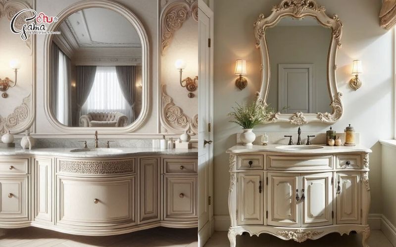 Tủ lavabo tân cổ điển tích hợp gương và đèn LED tiện nghi