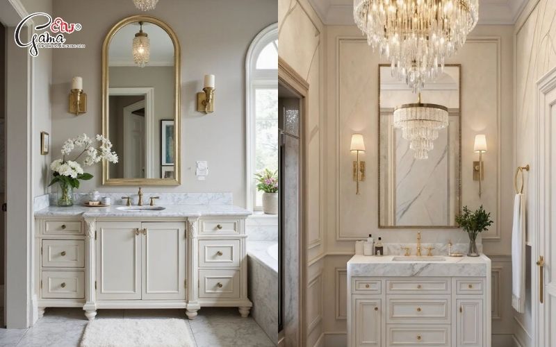 Tủ chậu lavabo tân cổ điển màu trắng giúp không gian sáng và rộng hơn