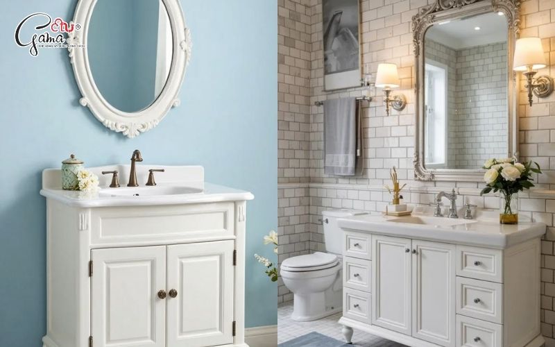 Tủ chậu lavabo tân cổ điển màu trắng phù hợp không gian nhỏ