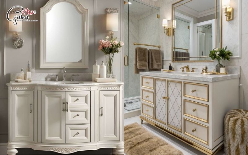 Tủ lavabo phong cách tân cổ điển màu trắng thiết kế tinh tế cho phòng tắm hiện đại