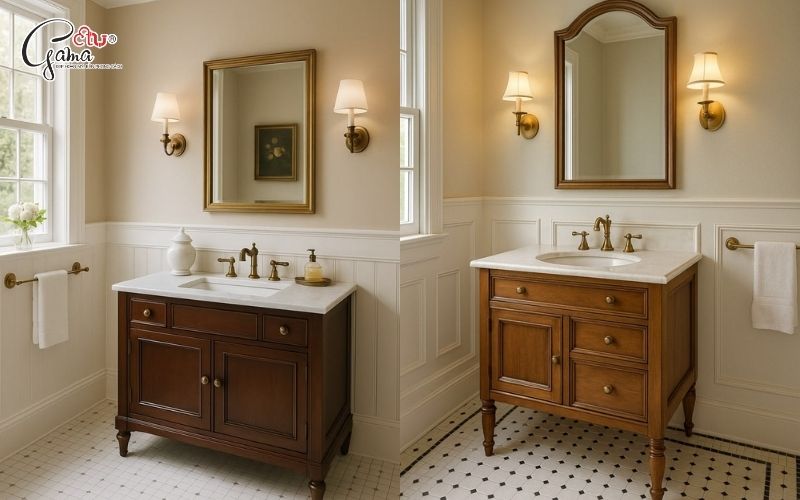 Tủ chậu lavabo tân cổ điển vân gỗ chống ẩm, độ bền cao