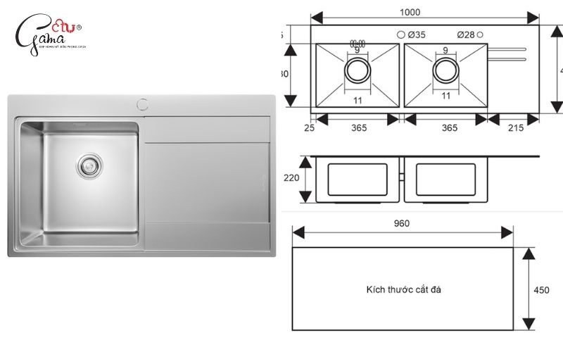 Kích thước chậu rửa bát có bàn chờ